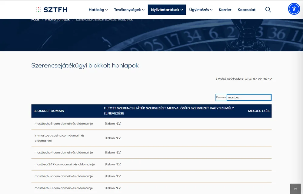 Keresés a „mostbet” kifejezésre az SZTFH szerencsejáték-blokkolási nyilvántartásában